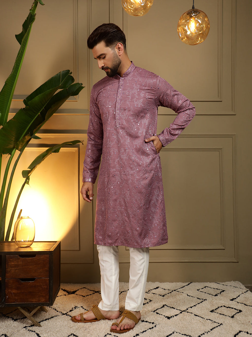 Jyoti Fashion Men's Wine Mirror Embroidery Kurta with Pajama