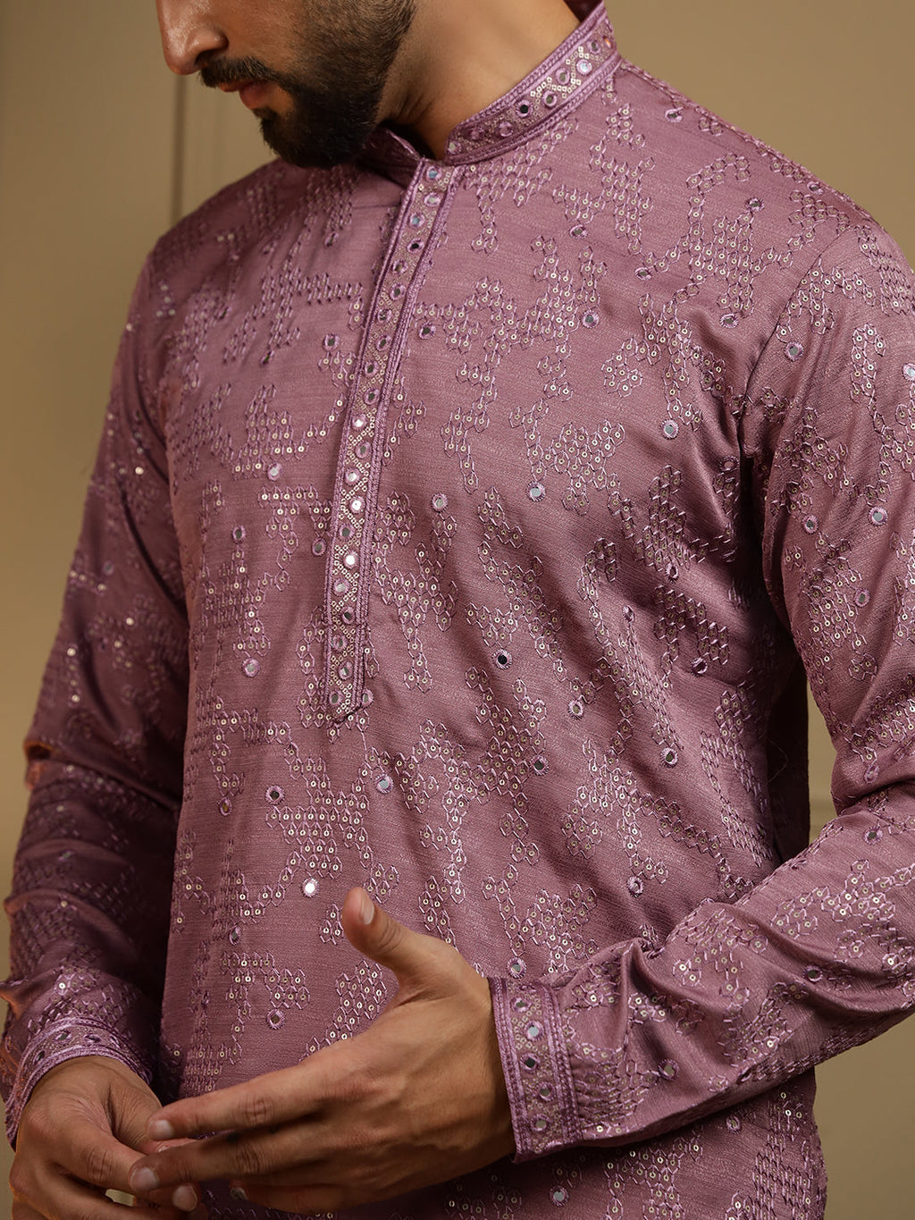 Jyoti Fashion Men's Wine Mirror Embroidery Kurta with Pajama