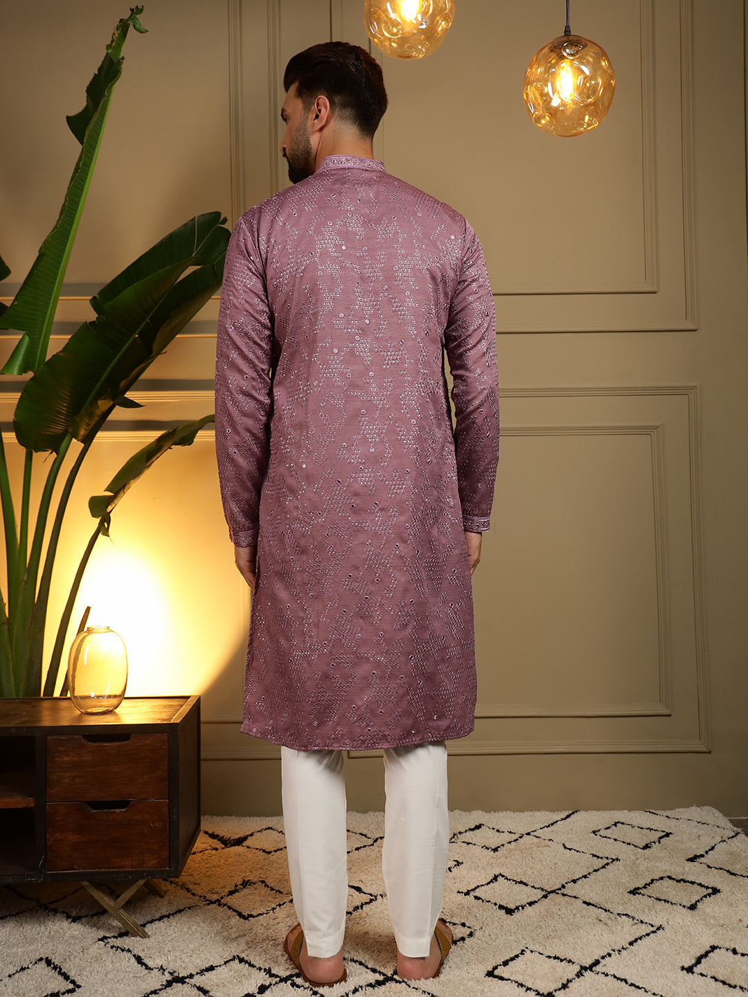 Jyoti Fashion Men's Wine Mirror Embroidery Kurta with Pajama