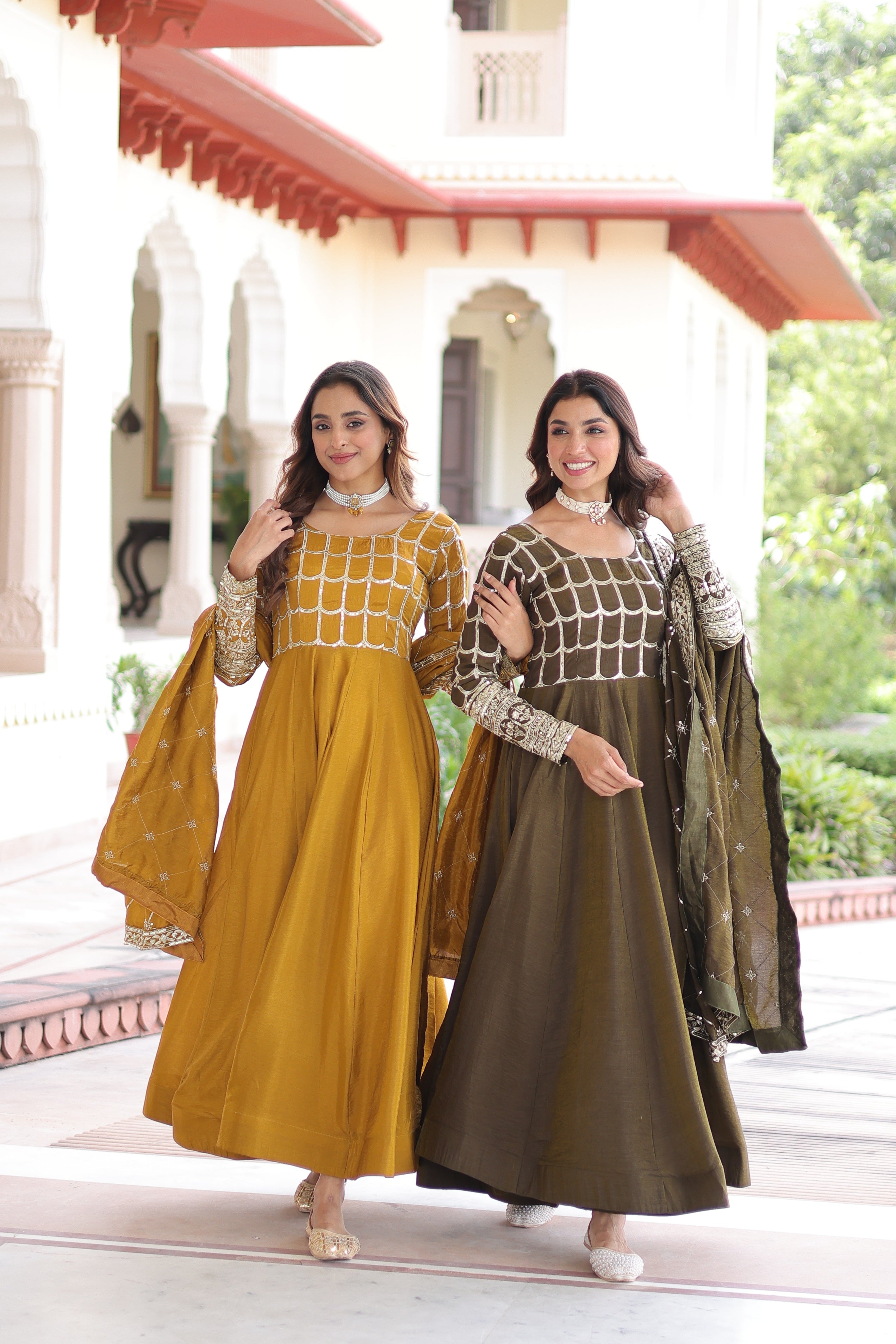 Jyoti Fashion Women's Yellow & Mehendi Vichitra Silk Embroidered Combo Anarkali Set With Dupatta - Distacart