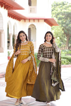 Jyoti Fashion Women's Yellow & Mehendi Vichitra Silk Embroidered Combo Anarkali Set With Dupatta - Distacart