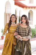 Jyoti Fashion Women's Yellow & Mehendi Vichitra Silk Embroidered Combo Anarkali Set With Dupatta - Distacart