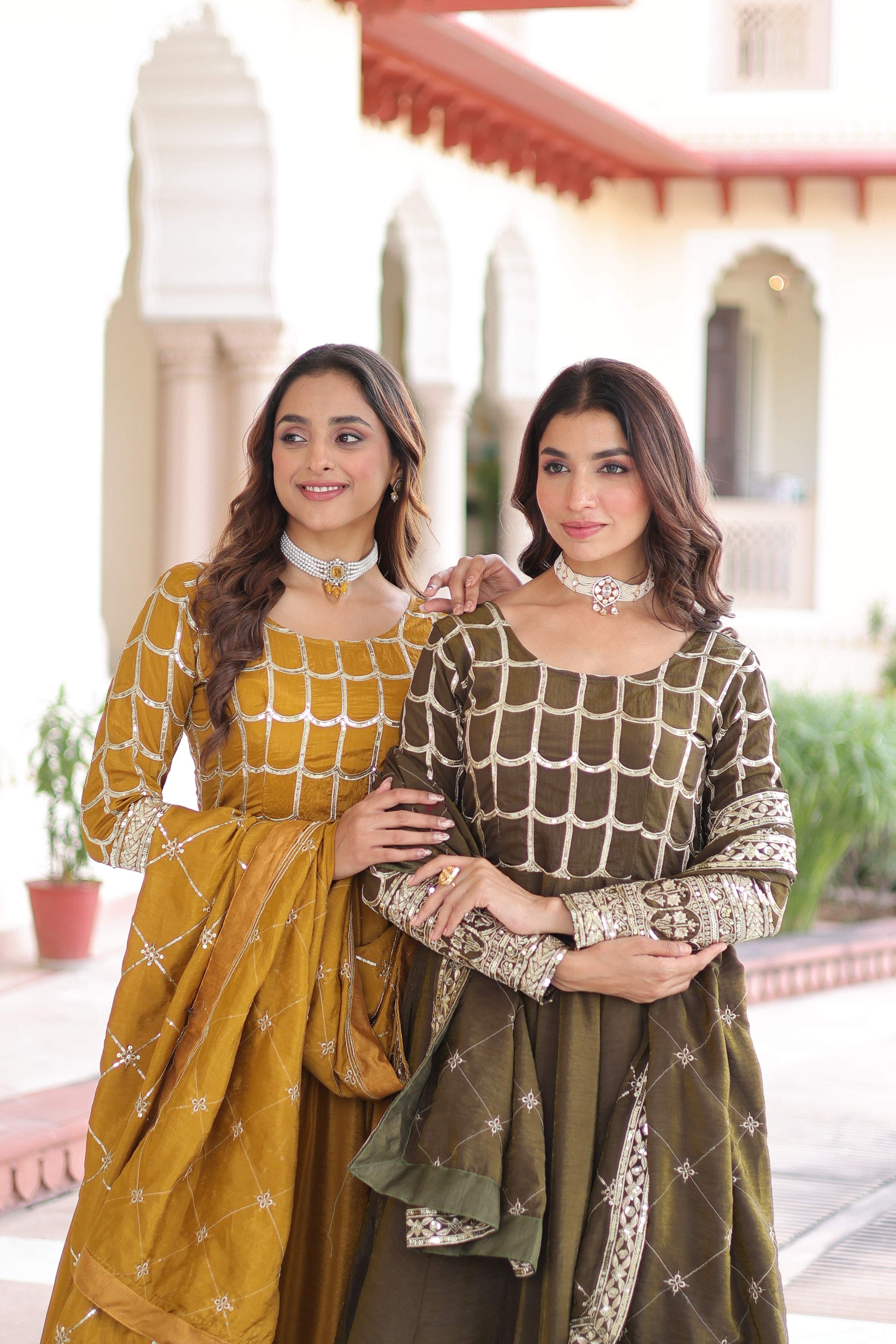 Jyoti Fashion Women's Yellow & Mehendi Vichitra Silk Embroidered Combo Anarkali Set With Dupatta - Distacart