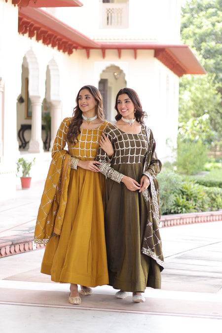 Jyoti Fashion Women's Yellow & Mehendi Vichitra Silk Embroidered Combo Anarkali Set With Dupatta