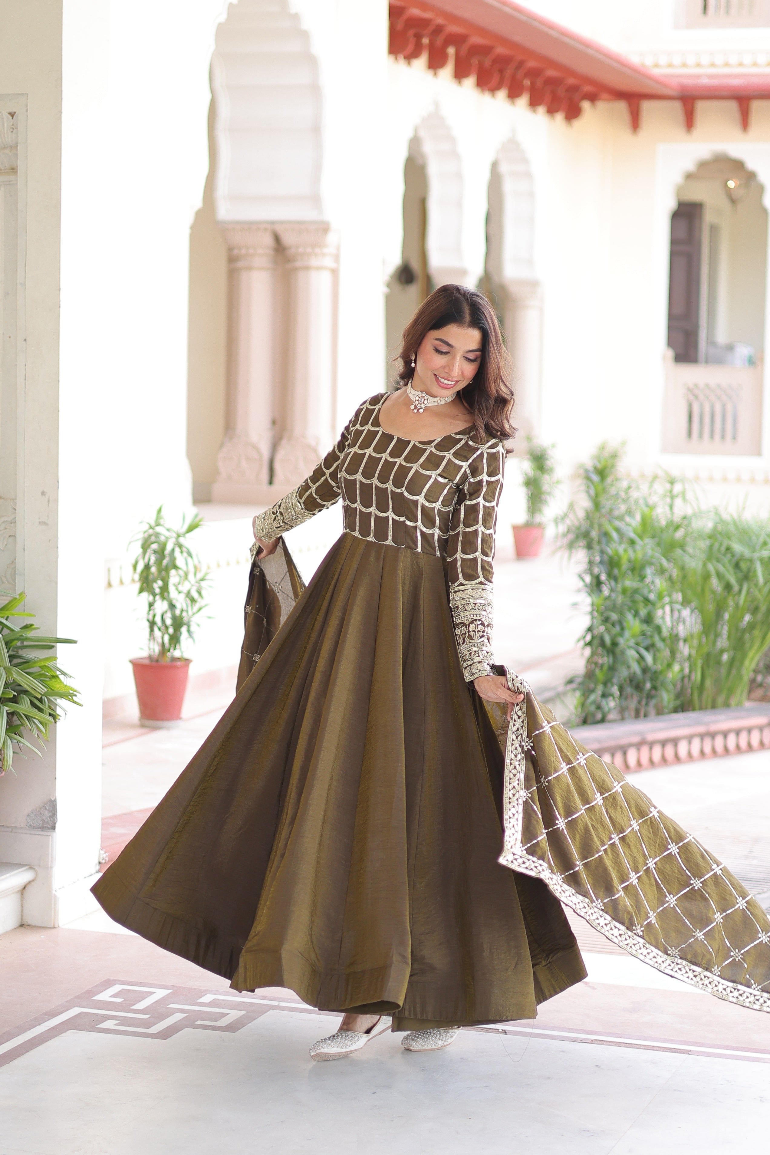 Jyoti Fashion Women's Mehendi Vichitra Silk Sequins Zari Embroidered Anarkali Set With Dupatta - Distacart