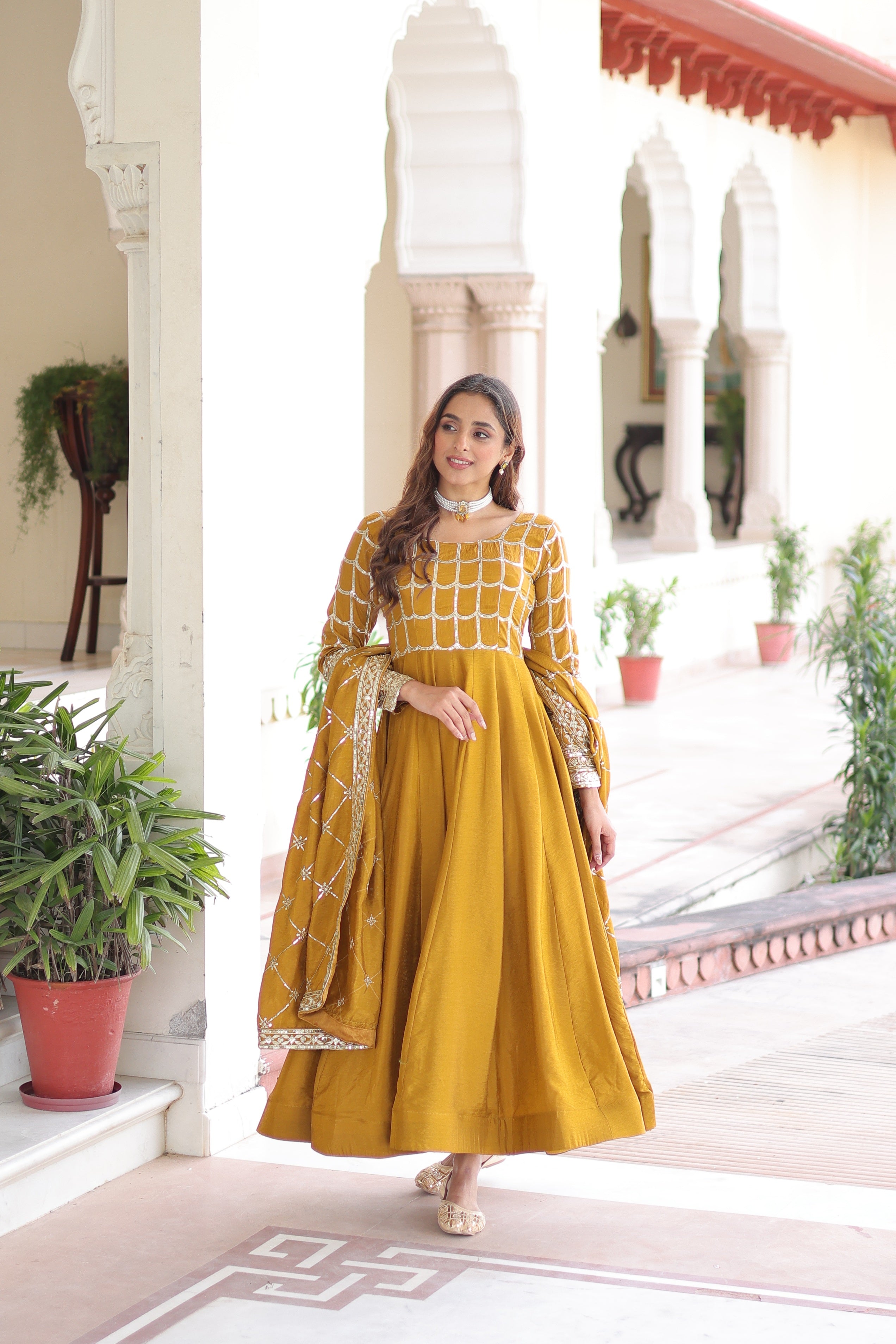 Jyoti Fashion Women's Yellow Vichitra Silk Sequins Zari Embroidered Anarkali Set With Dupatta - Distacart