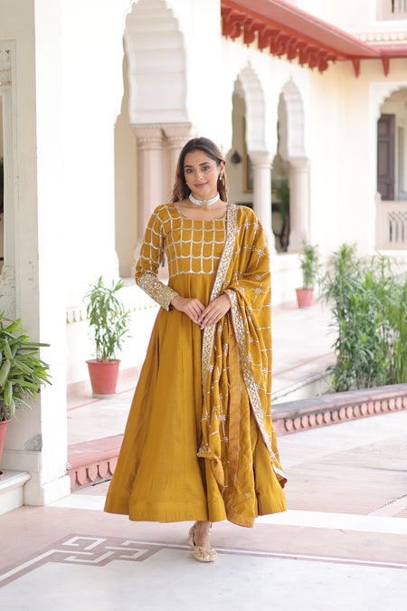 Jyoti Fashion Women's Yellow Vichitra Silk Sequins Zari Embroidered Anarkali Set With Dupatta
