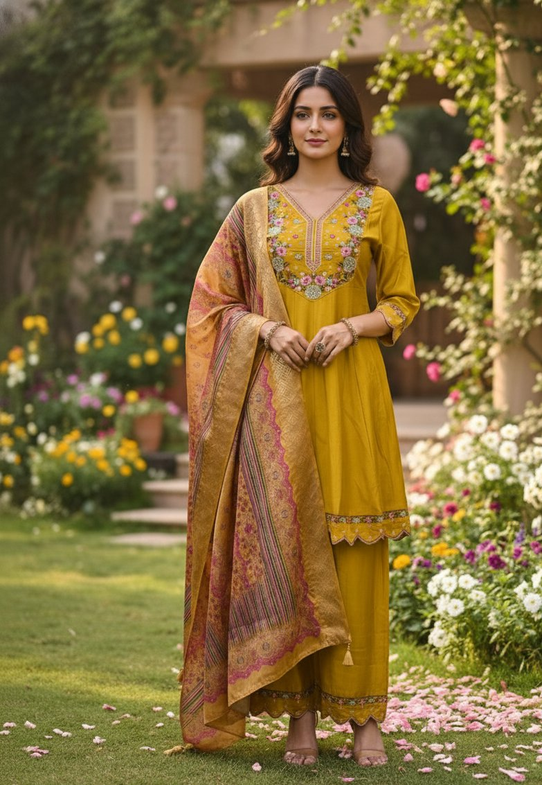 Jyoti Fashion Mustard Cotton Silk Embroidered Designer Kurta Set with Dupatta - Distacart
