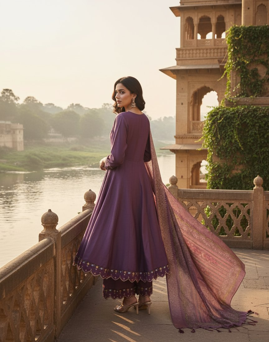 Jyoti Fashion Purple Cotton Silk Embroidered Designer Kurta Set with Dupatta - Distacart