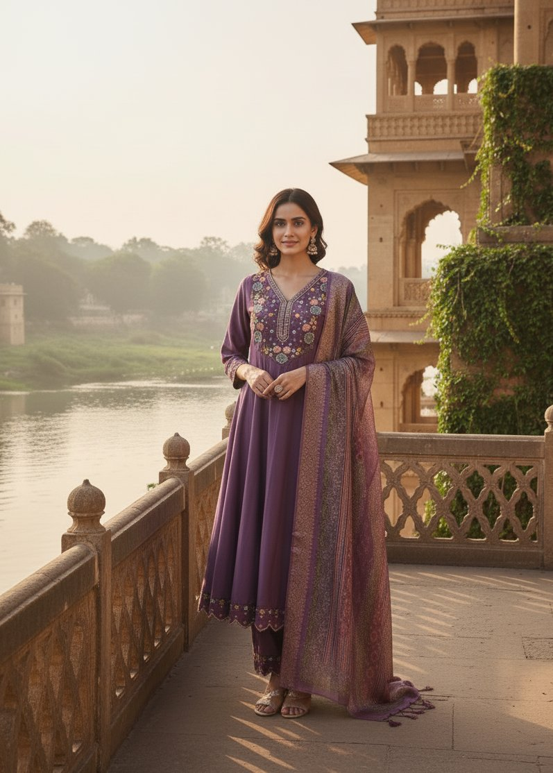 Jyoti Fashion Purple Cotton Silk Embroidered Designer Kurta Set with Dupatta - Distacart
