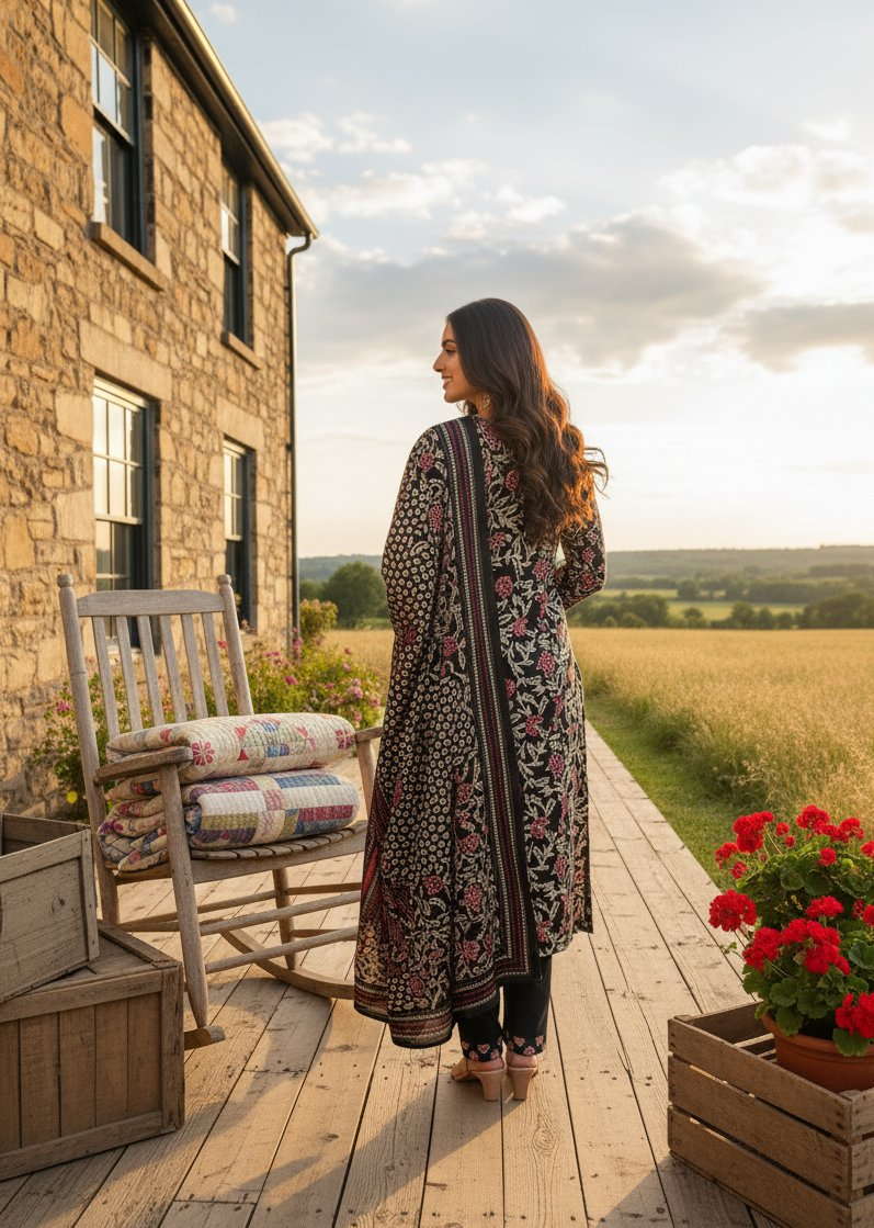 Jyoti Fashion Black Cotton Silk Floral Printed Designer Kurta Set with Dupatta - Distacart