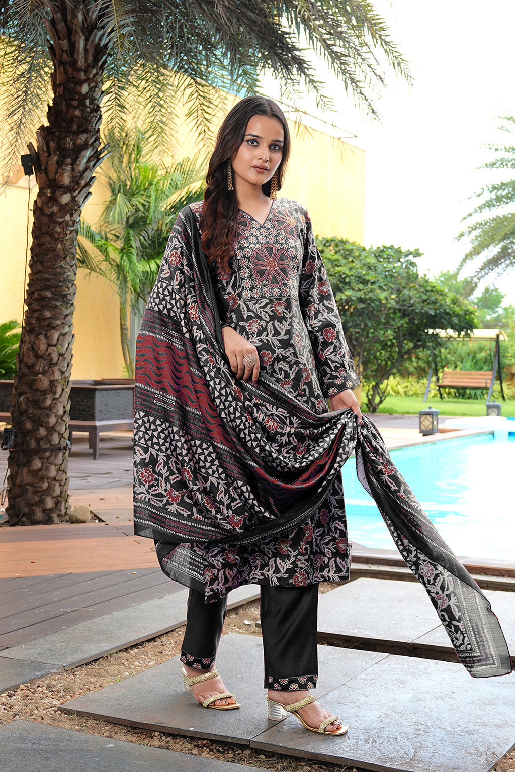 Jyoti Fashion Black Cotton Silk Floral Printed Designer Kurta Set with Dupatta - Distacart