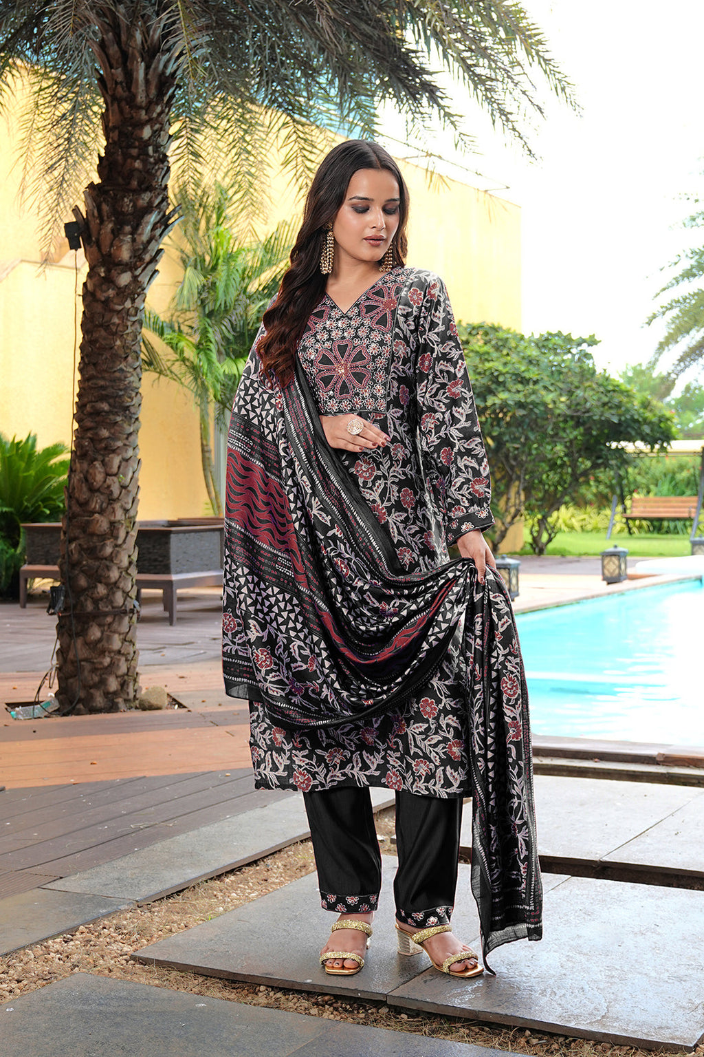 Jyoti Fashion Black Cotton Silk Floral Printed Designer Kurta Set with Dupatta - Distacart
