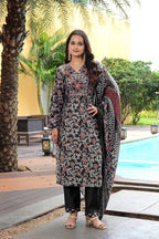 Jyoti Fashion Black Cotton Silk Floral Printed Designer Kurta Set with Dupatta - Distacart