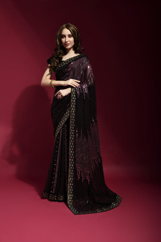 Jyoti Fashion Women's Wine Sequence Embroidery Georgette Saree with Blouse - Distacart
