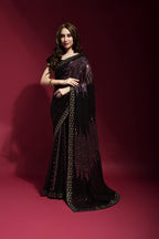 Jyoti Fashion Women's Wine Sequence Embroidery Georgette Saree with Blouse - Distacart