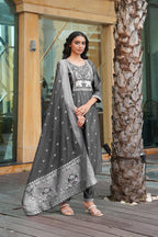 Jyoti Fashion Dark Grey Cotton Silk Embroidered Designer Kurta Set with Dupatta - Distacart