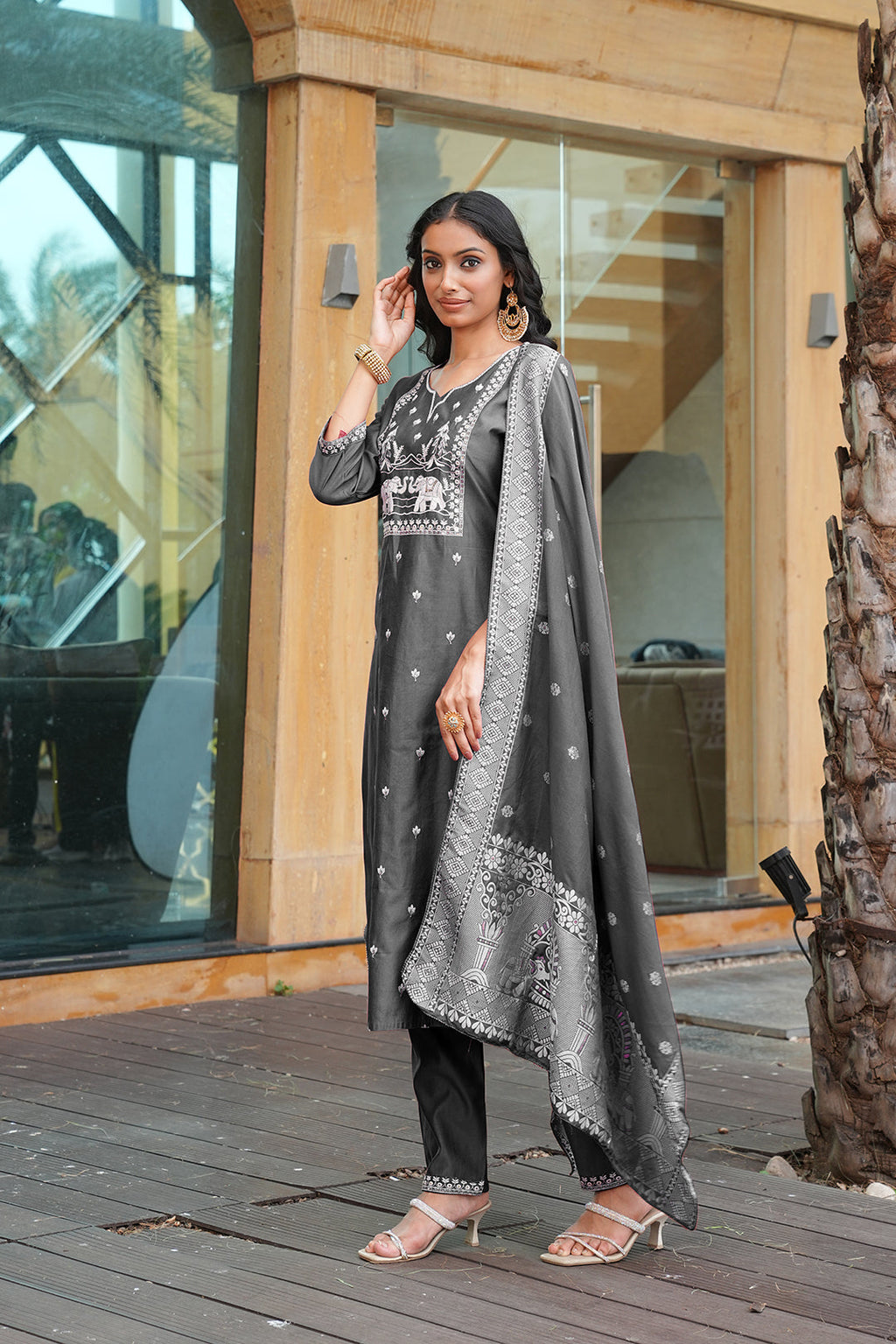 Jyoti Fashion Dark Grey Cotton Silk Embroidered Designer Kurta Set with Dupatta - Distacart