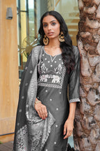 Jyoti Fashion Dark Grey Cotton Silk Embroidered Designer Kurta Set with Dupatta - Distacart