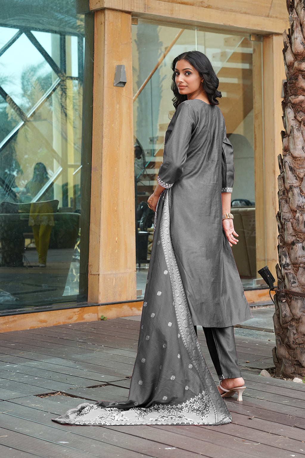 Jyoti Fashion Dark Grey Cotton Silk Embroidered Designer Kurta Set with Dupatta - Distacart