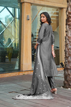 Jyoti Fashion Dark Grey Cotton Silk Embroidered Designer Kurta Set with Dupatta - Distacart