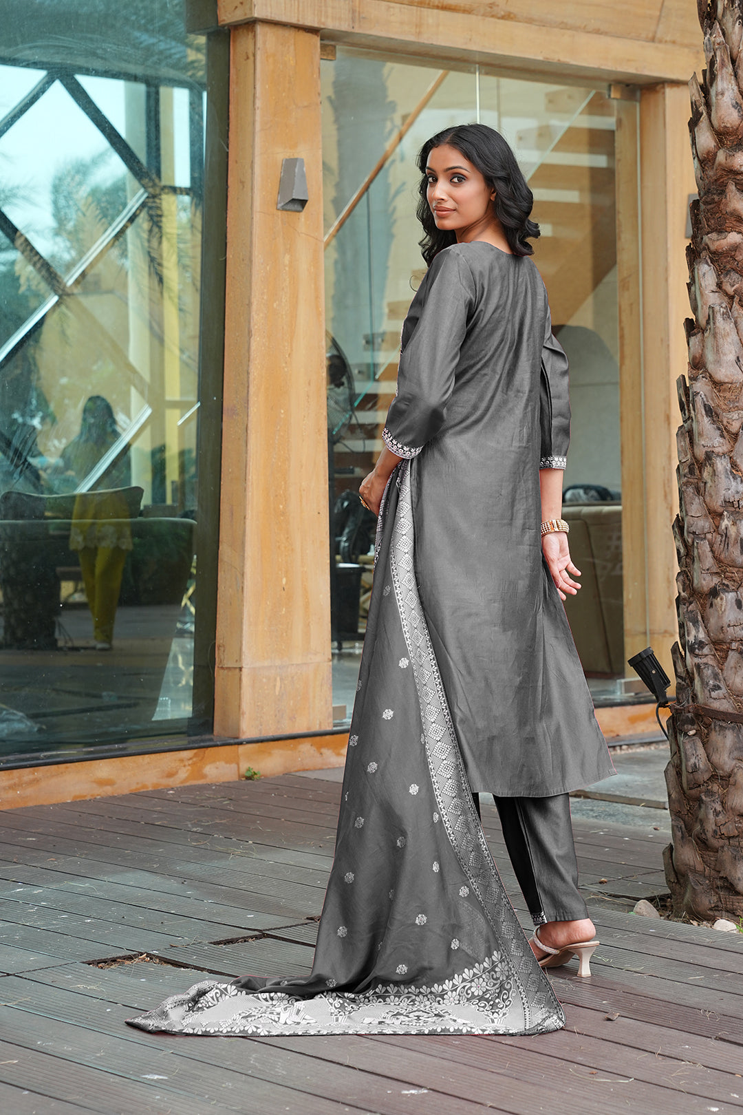 Jyoti Fashion Dark Grey Cotton Silk Embroidered Designer Kurta Set with Dupatta - Distacart
