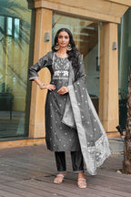 Jyoti Fashion Dark Grey Cotton Silk Embroidered Designer Kurta Set with Dupatta - Distacart