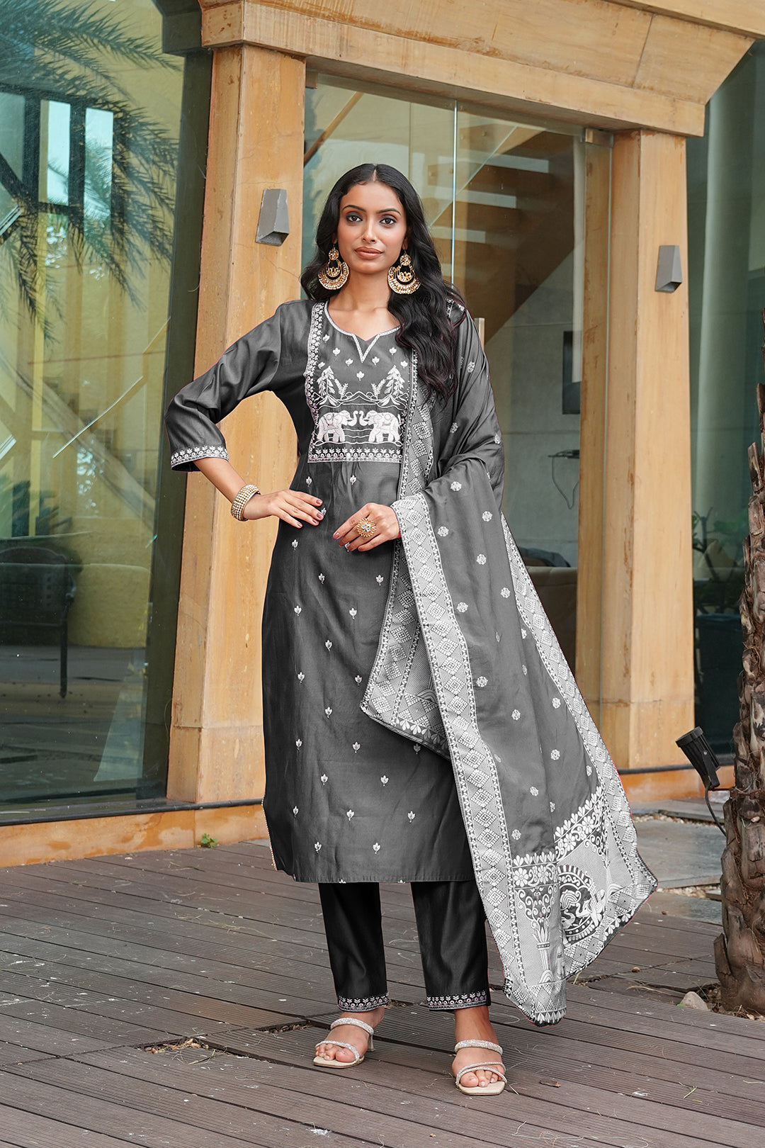 Jyoti Fashion Dark Grey Cotton Silk Embroidered Designer Kurta Set with Dupatta - Distacart