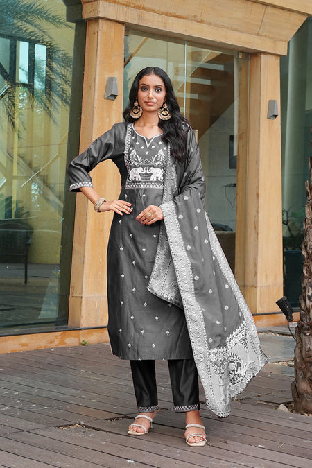 Jyoti Fashion Dark Grey Cotton Silk Embroidered Designer Kurta Set with Dupatta