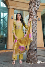 Jyoti Fashion Mustard Cotton Silk Embroidered Designer Kurta Set with Dupatta - Distacart