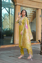 Jyoti Fashion Mustard Cotton Silk Embroidered Designer Kurta Set with Dupatta - Distacart