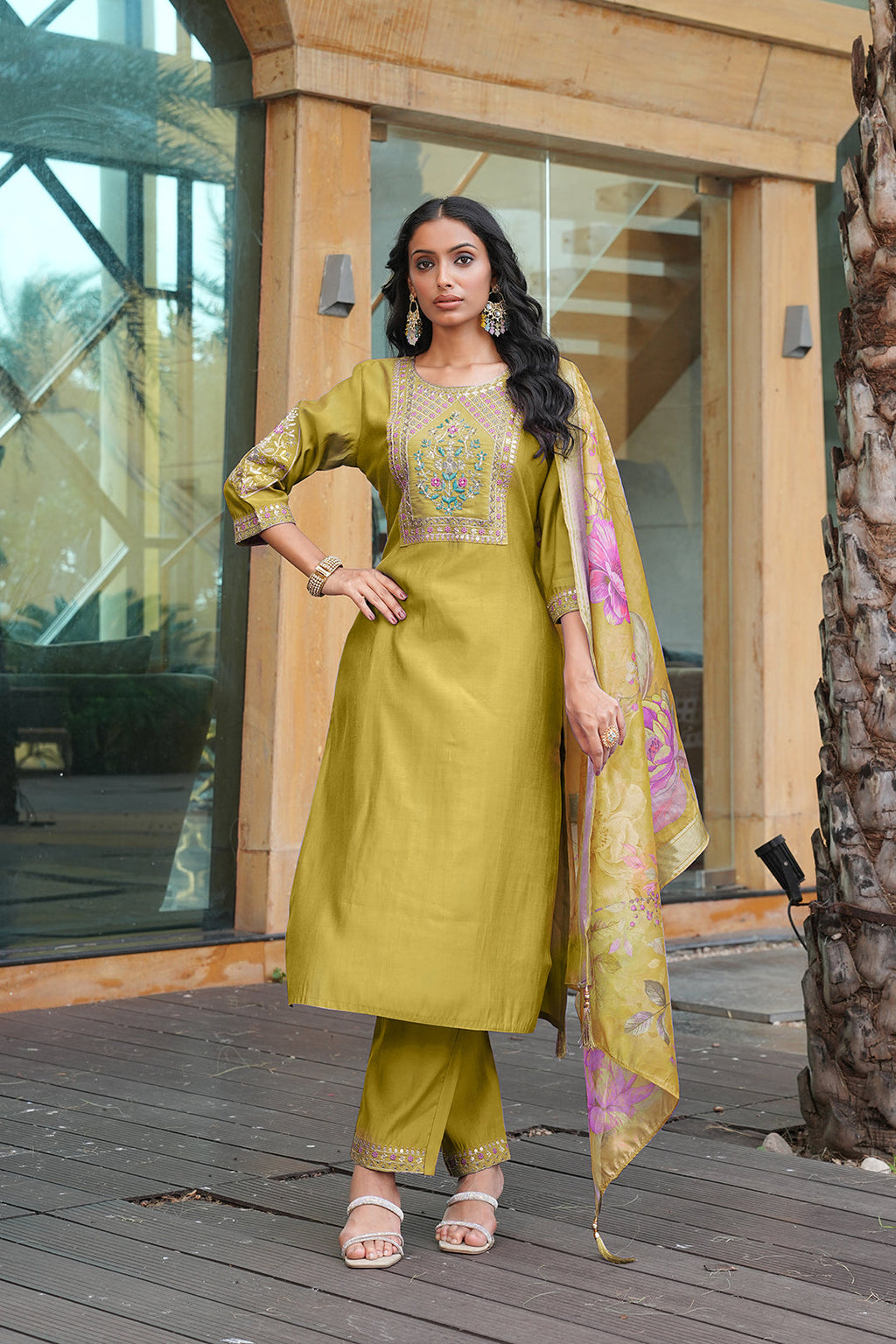 Jyoti Fashion Mustard Cotton Silk Embroidered Designer Kurta Set with Dupatta - Distacart