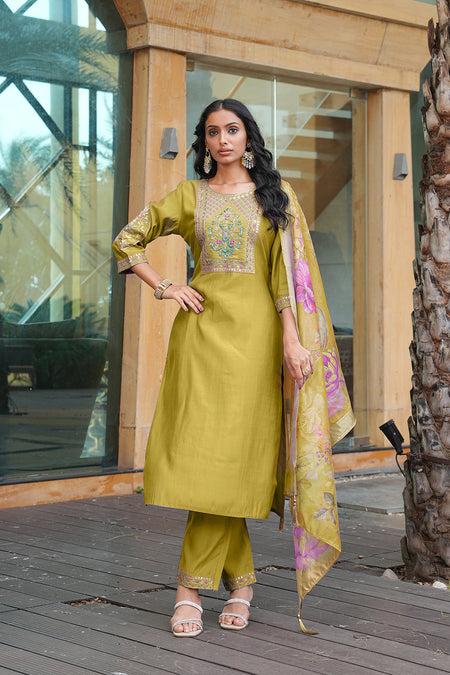 Jyoti Fashion Mustard Cotton Silk Embroidered Designer Kurta Set with Dupatta