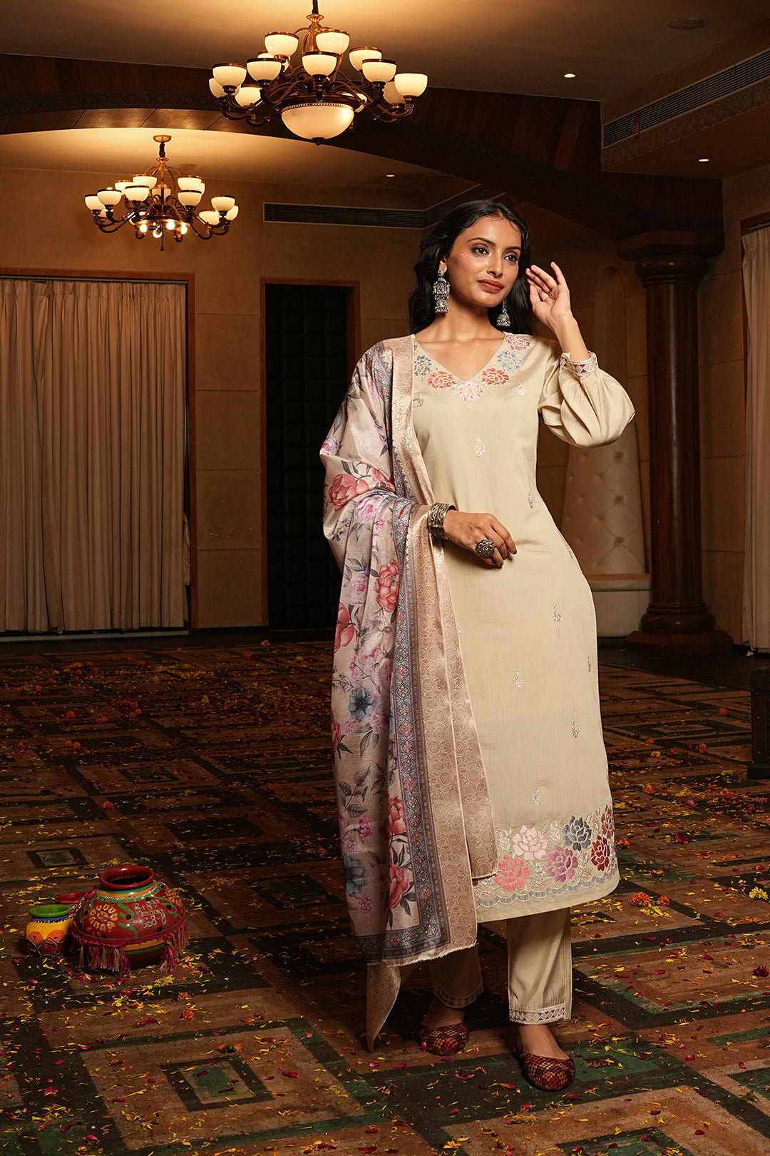 Jyoti Fashion Cream Cotton Silk Embroidered Designer Kurta Set with Dupatta - Distacart