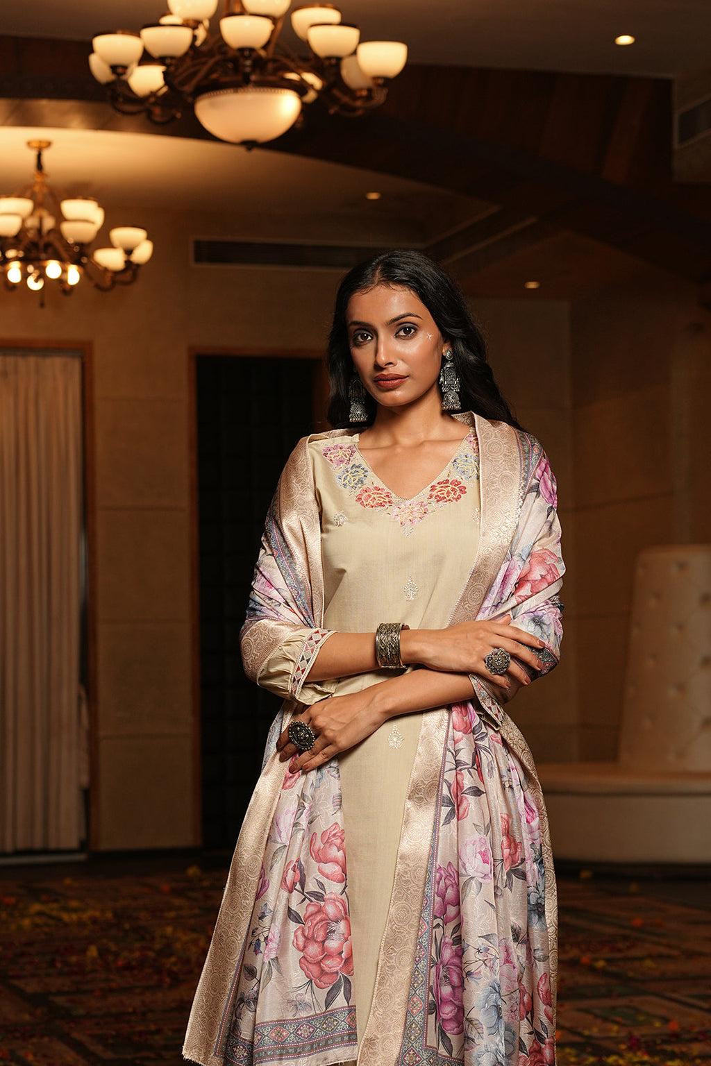 Jyoti Fashion Cream Cotton Silk Embroidered Designer Kurta Set with Dupatta - Distacart