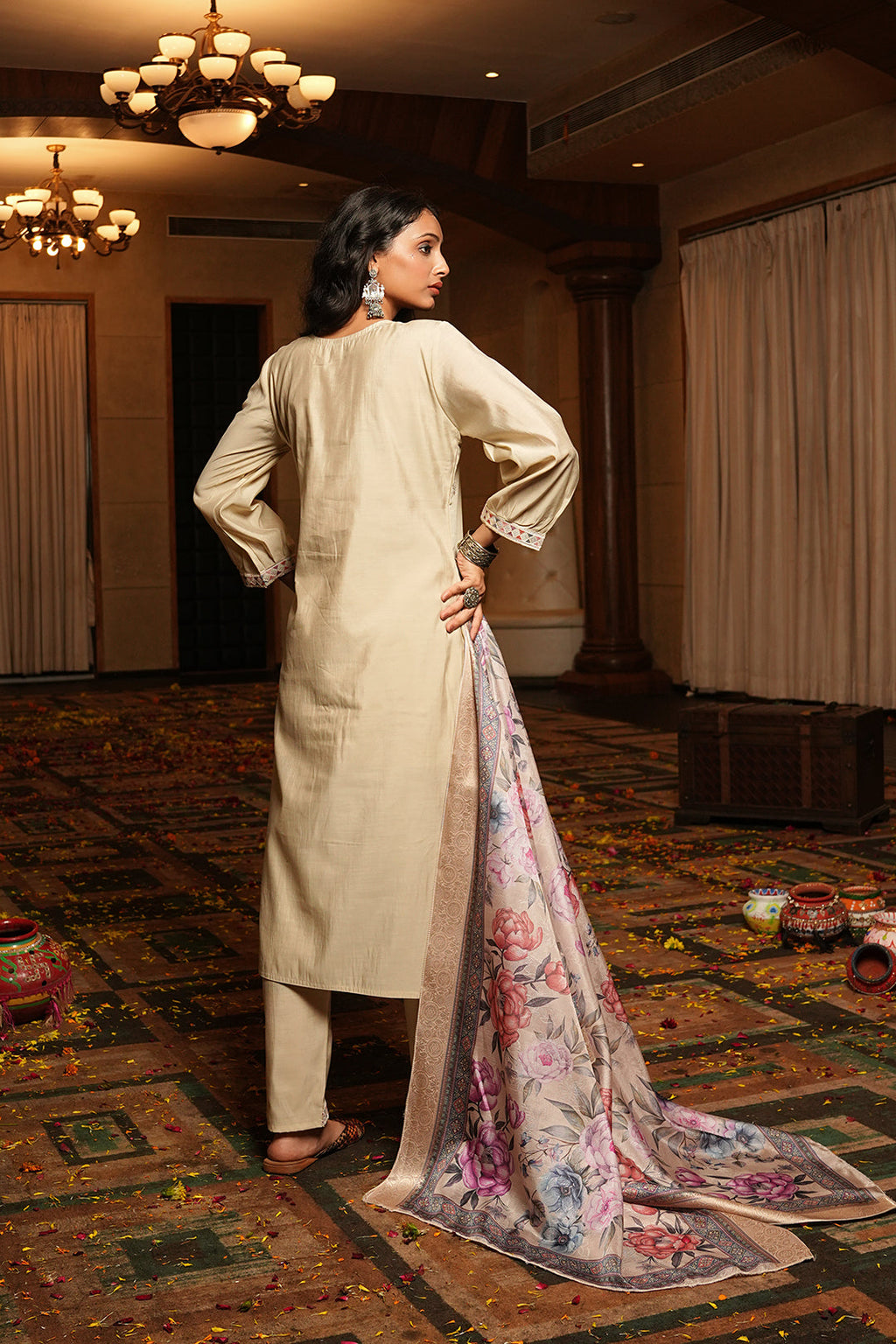 Jyoti Fashion Cream Cotton Silk Embroidered Designer Kurta Set with Dupatta - Distacart