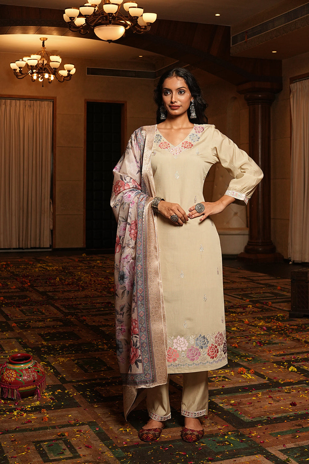 Jyoti Fashion Cream Cotton Silk Embroidered Designer Kurta Set with Dupatta - Distacart