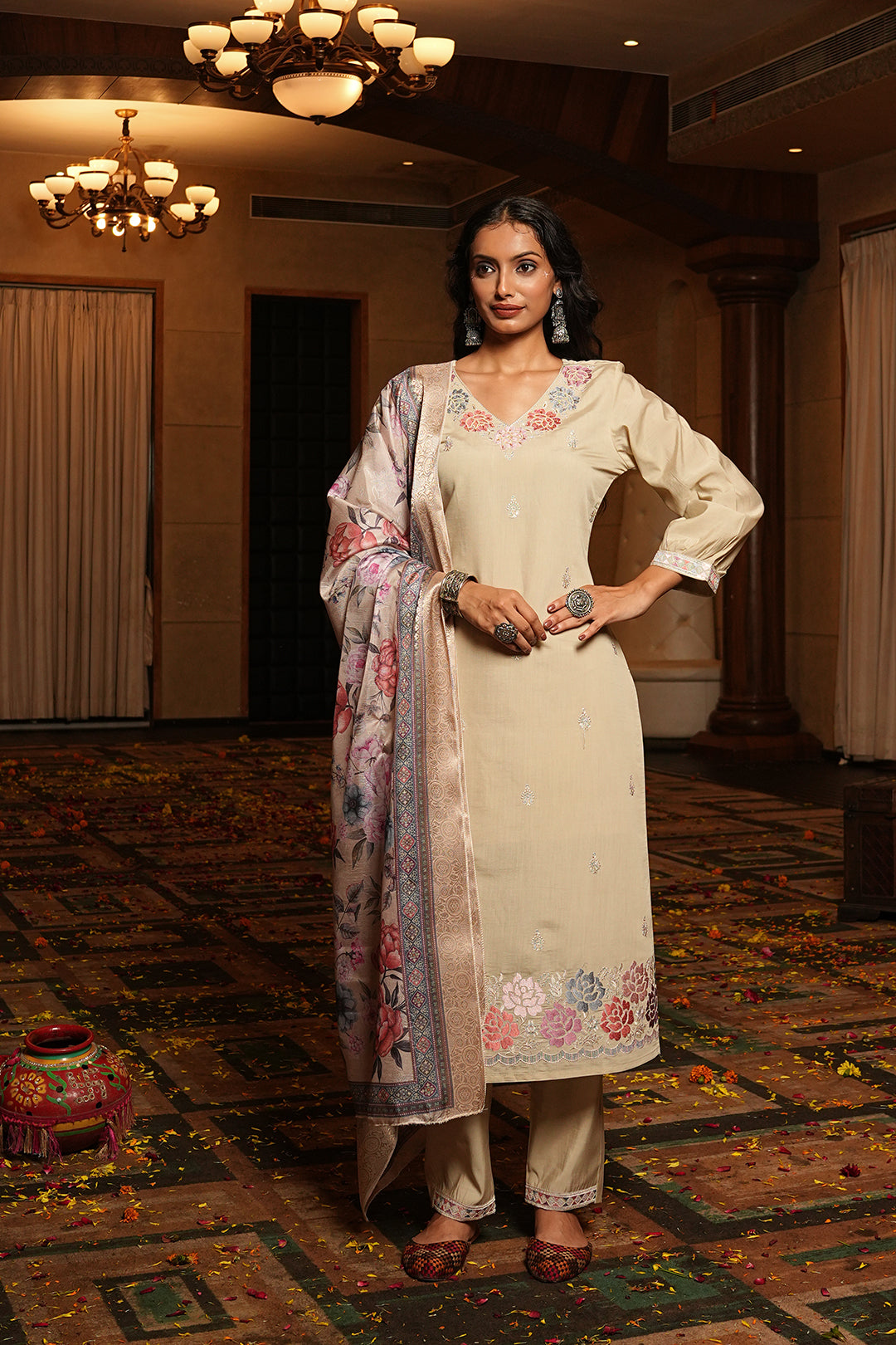 Jyoti Fashion Cream Cotton Silk Embroidered Designer Kurta Set with Dupatta - Distacart