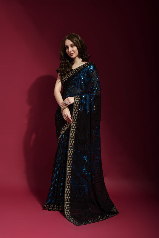 Jyoti Fashion Women's Blue Sequence Embroidery Georgette Saree with Blouse - Distacart