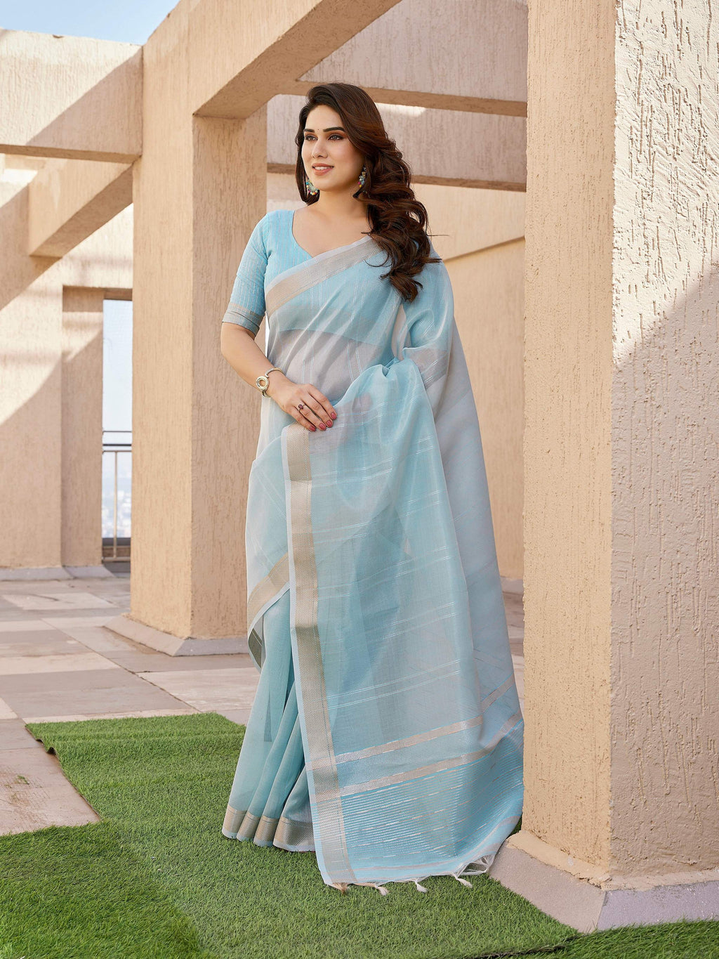 Jyoti Fashion Women's Sky Blue Soft Tissue Linen Silk Zari Woven Saree with Blouse - Distacart