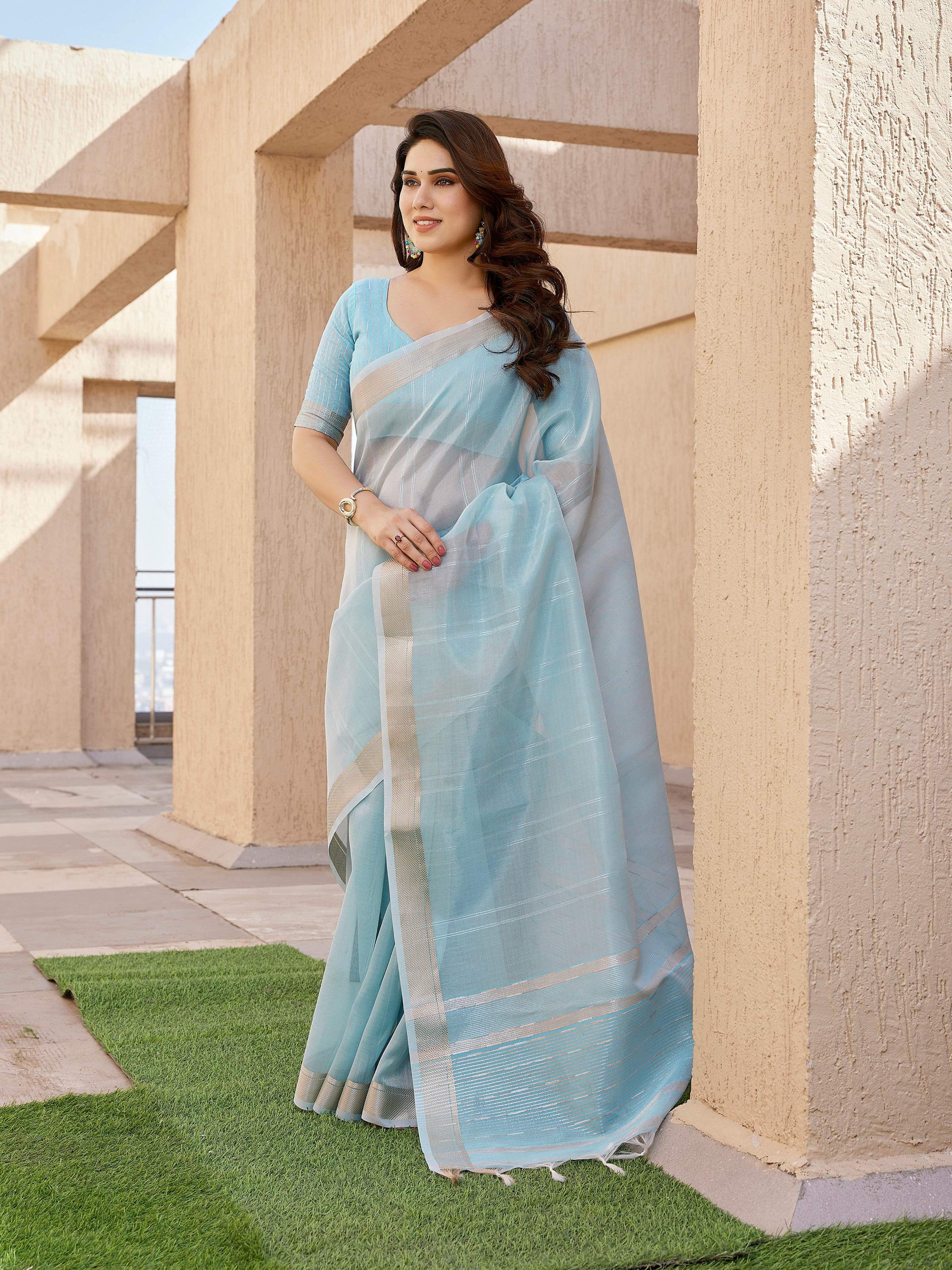 Jyoti Fashion Women's Sky Blue Soft Tissue Linen Silk Zari Woven Saree with Blouse - Distacart