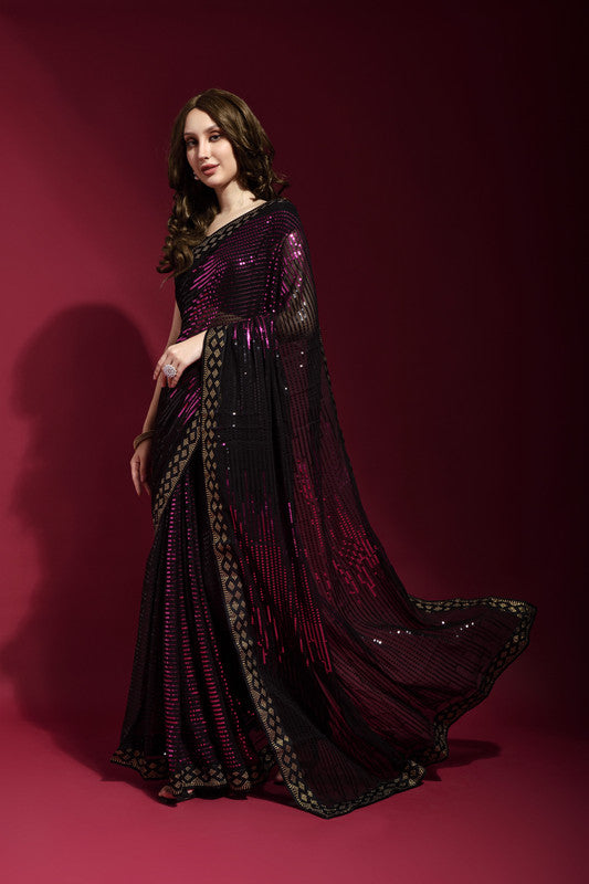 Jyoti Fashion Women's Wine Sequence Embroidery Georgette Saree with Blouse - Distacart
