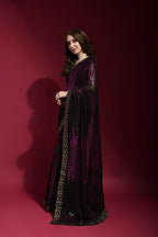Jyoti Fashion Women's Wine Sequence Embroidery Georgette Saree with Blouse - Distacart