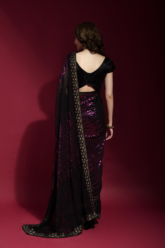 Jyoti Fashion Women's Wine Sequence Embroidery Georgette Saree with Blouse - Distacart