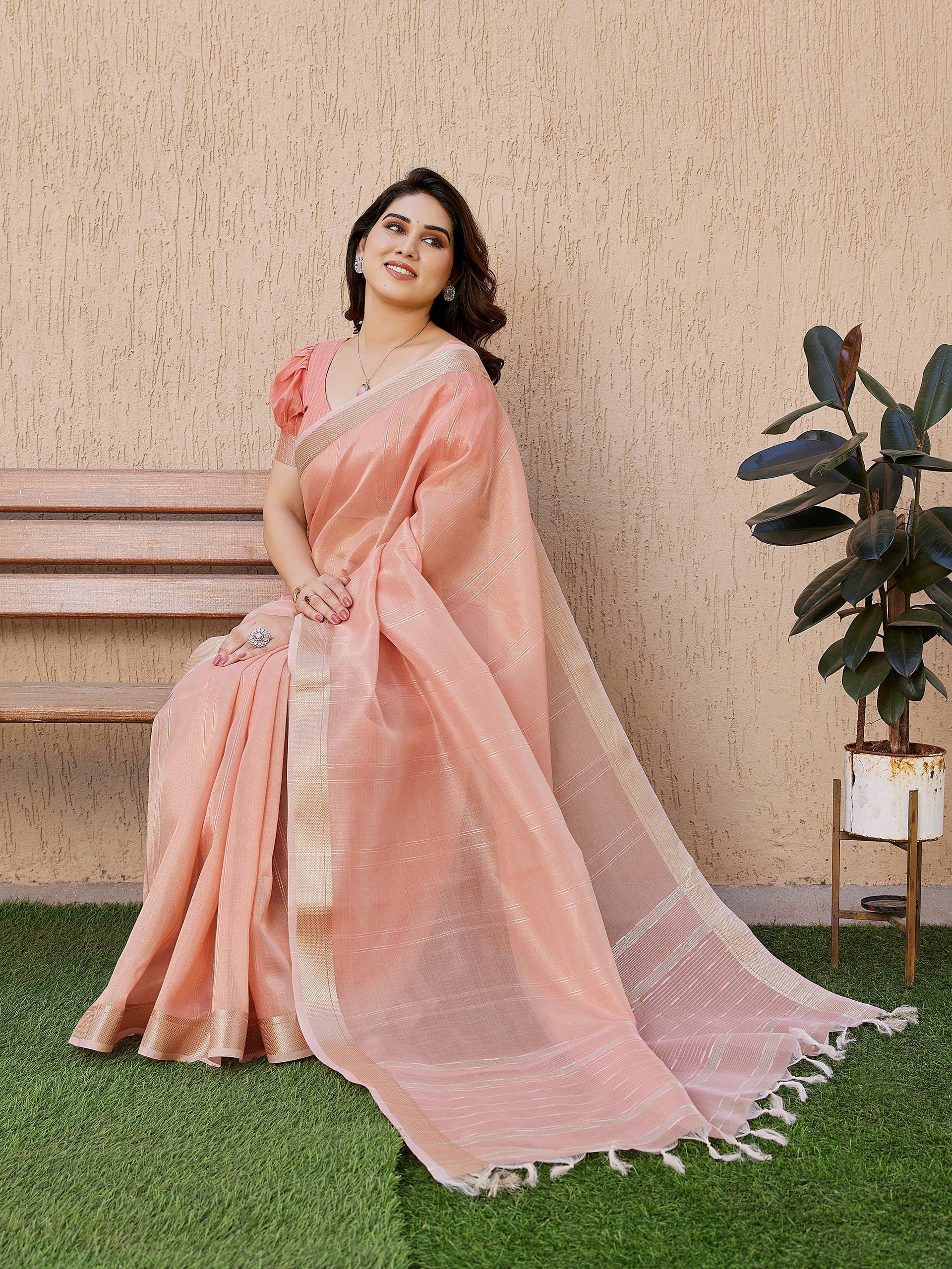 Jyoti Fashion Women's Peach Soft Tissue Linen Silk Zari Woven Saree with Blouse - Distacart