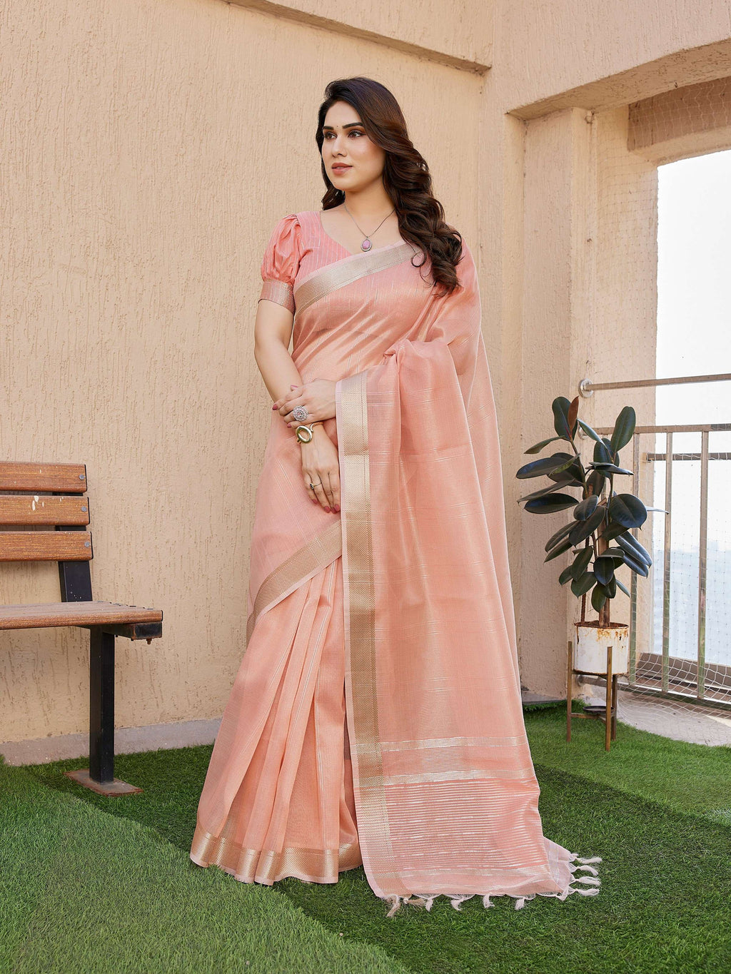 Jyoti Fashion Women's Peach Soft Tissue Linen Silk Zari Woven Saree with Blouse - Distacart