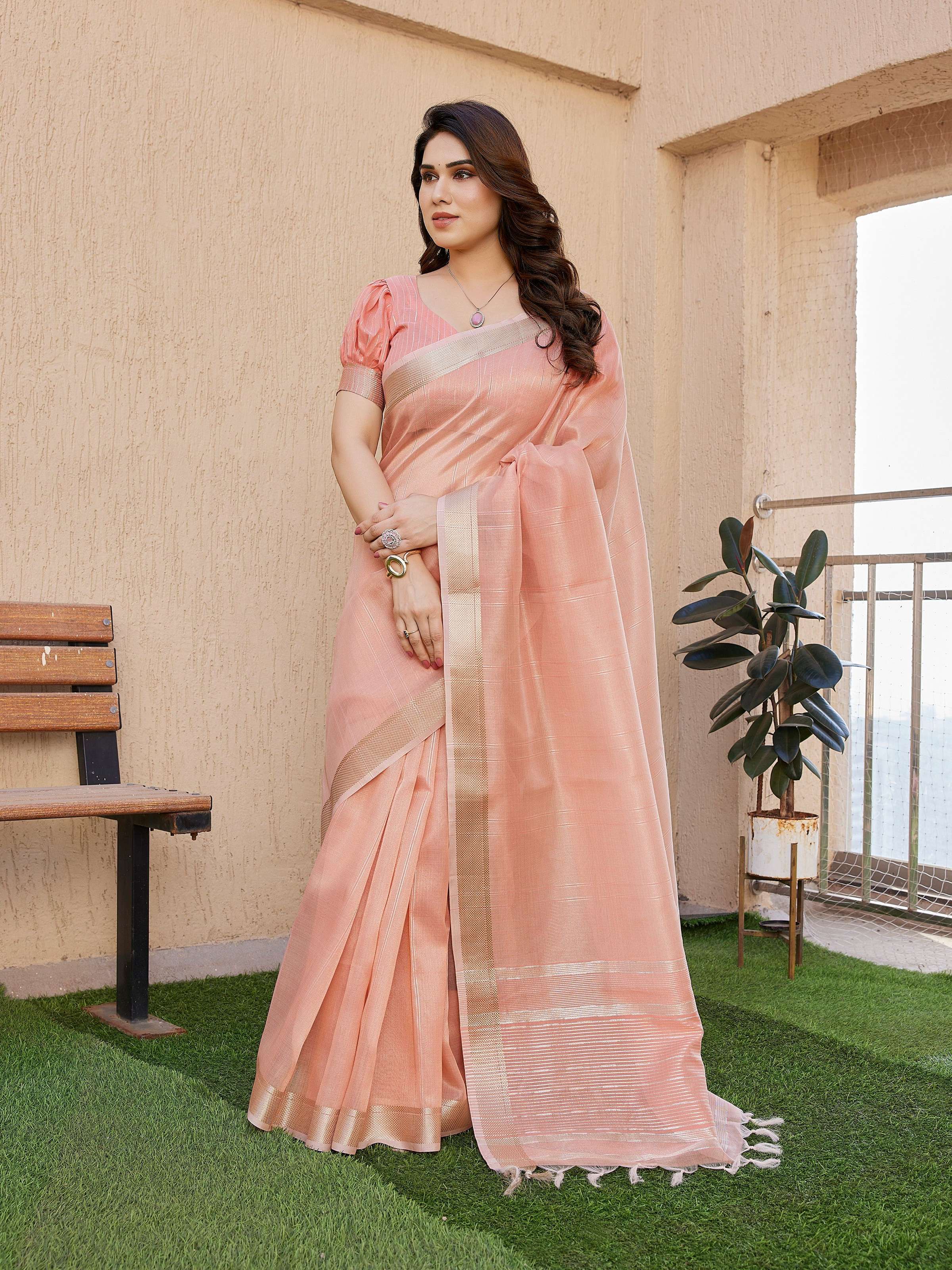Jyoti Fashion Women's Peach Soft Tissue Linen Silk Zari Woven Saree with Blouse - Distacart