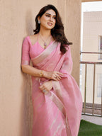 Jyoti Fashion Women's Pink Soft Tissue Linen Silk Zari Woven Saree with Blouse - Distacart