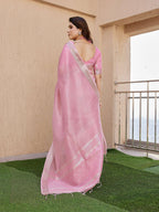 Jyoti Fashion Women's Pink Soft Tissue Linen Silk Zari Woven Saree with Blouse - Distacart