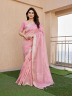 Jyoti Fashion Women's Pink Soft Tissue Linen Silk Zari Woven Saree with Blouse - Distacart